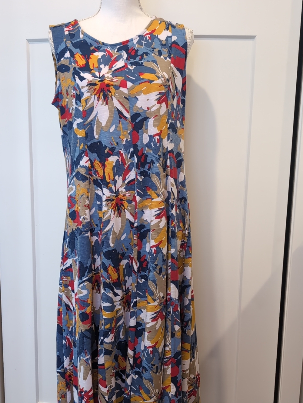 Multiples Blue Floral Print Sleeveless Maxi Dress with Mustard & Red Accents M